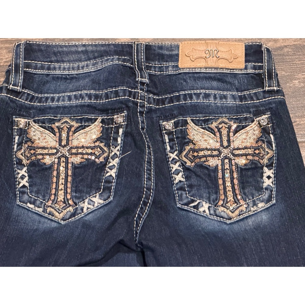 Miss Me Mid-Rise Bootcut Jeans Dark Wash Embellished Cross Wings Y2K BKE 25x28